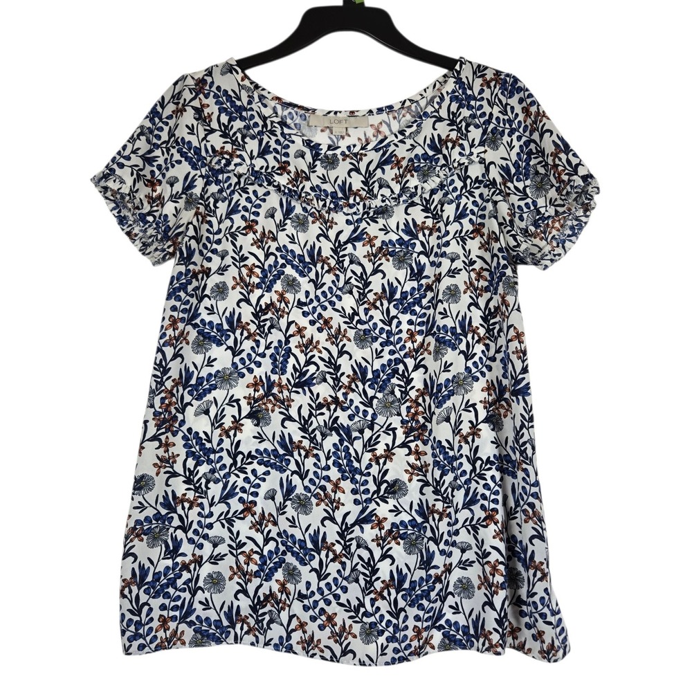 LOFT Blouse Womens size Small White Blue Floral Print Short Sleeve